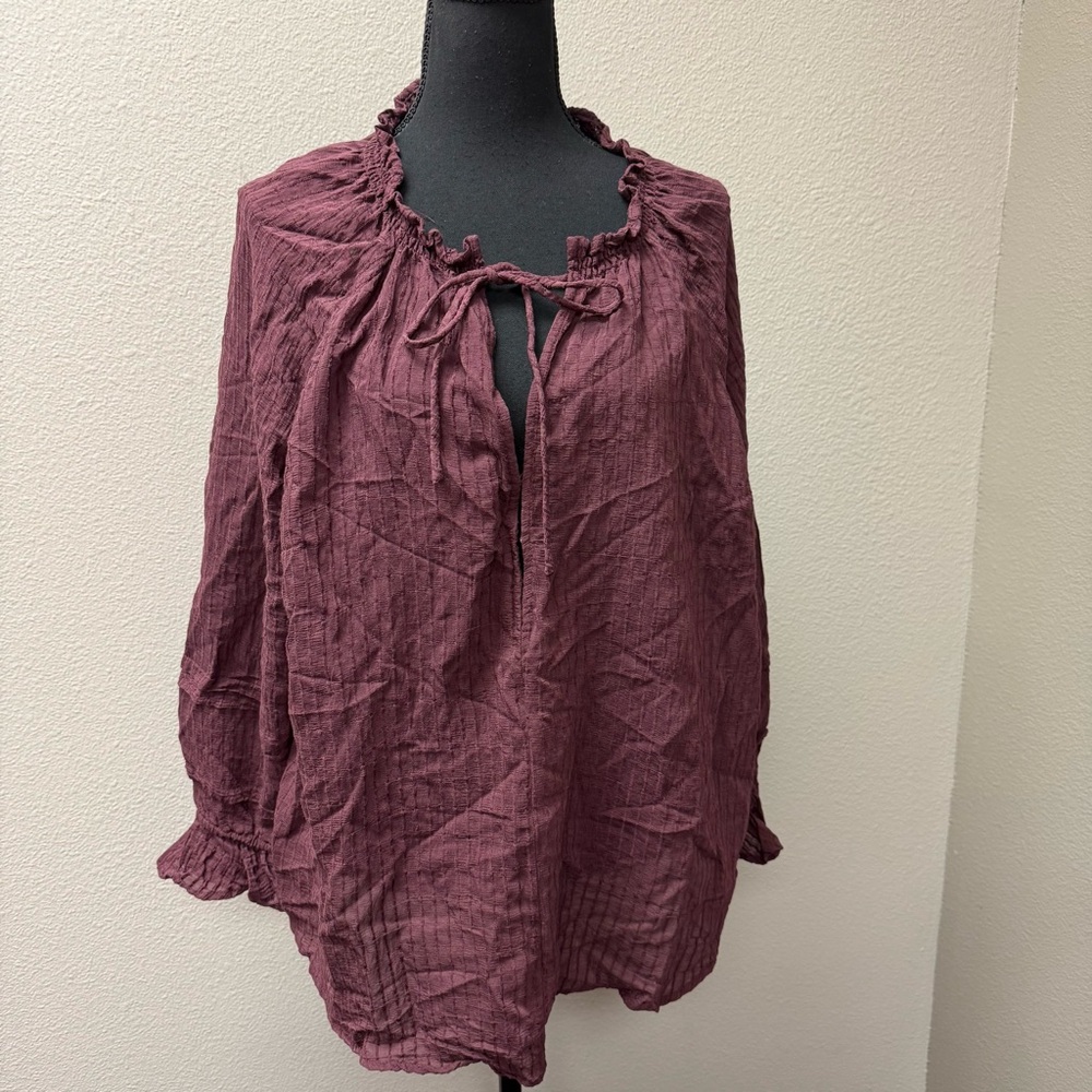 Torrid Plum Purple Peasant Blouse Size 2 Boho Tie Neck Plus Size Chic - Picture 2 of 10